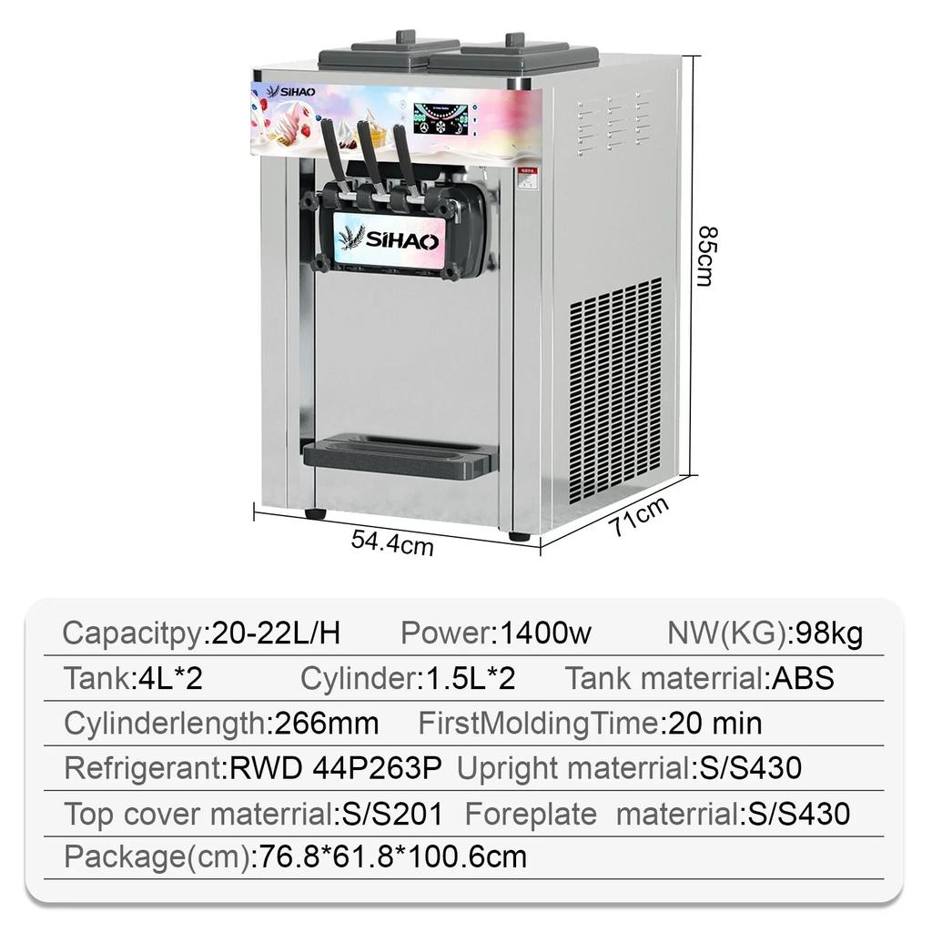 SIHAO Soft Serve Ice Cream Machine 20-28 L/h 3 Flavors Desktop