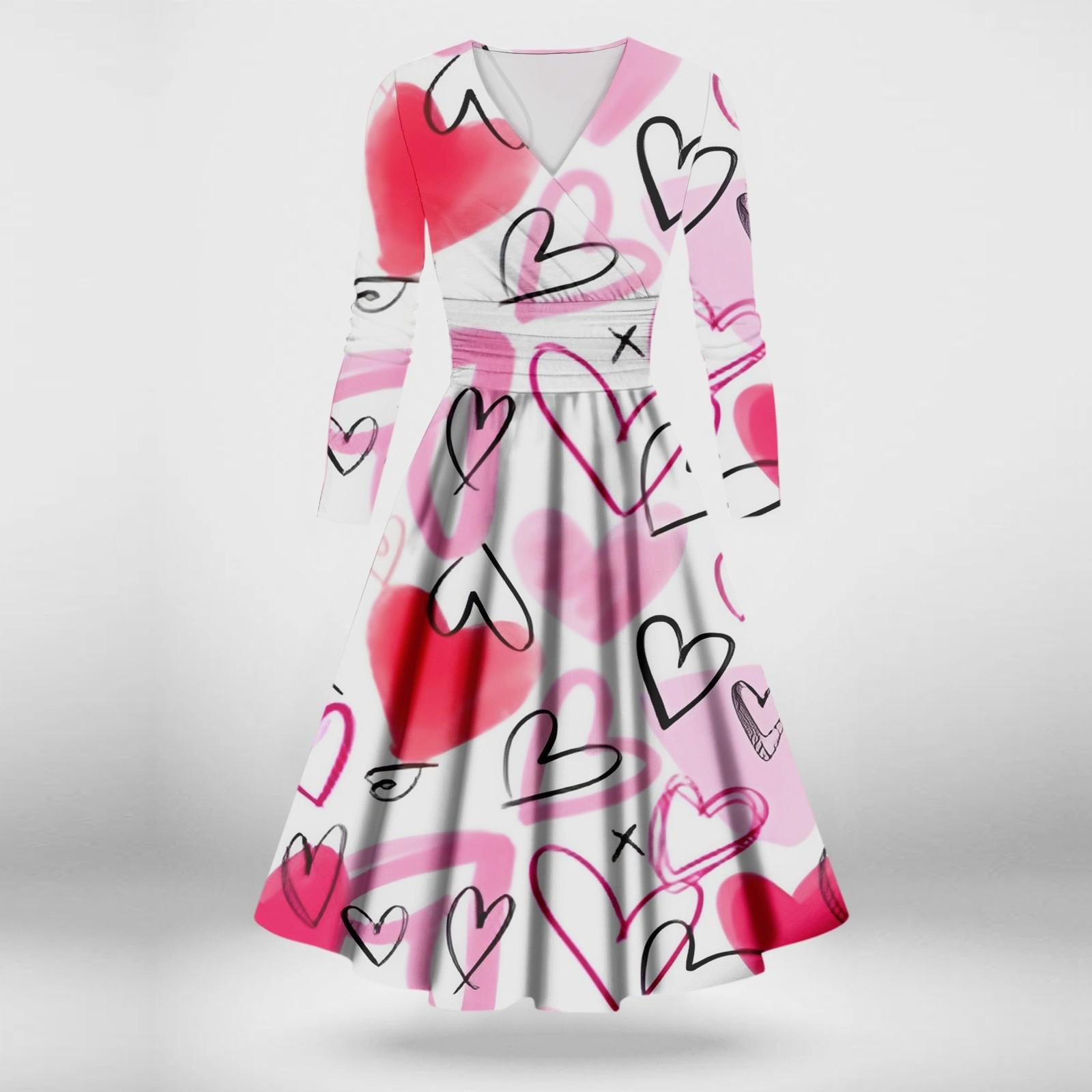 

Женское модное повседневное платье с принтом ко Дню святого Валентина, длинными рукавами и V-образным вырезом, сексуальное платье L