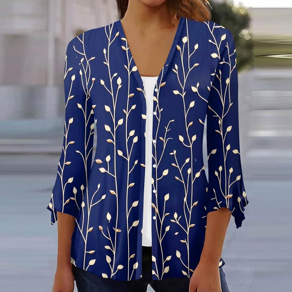 Women's Fashion Loose Casual Printed Seven-Part Sleeve Button Down Blouse Cardigan Top