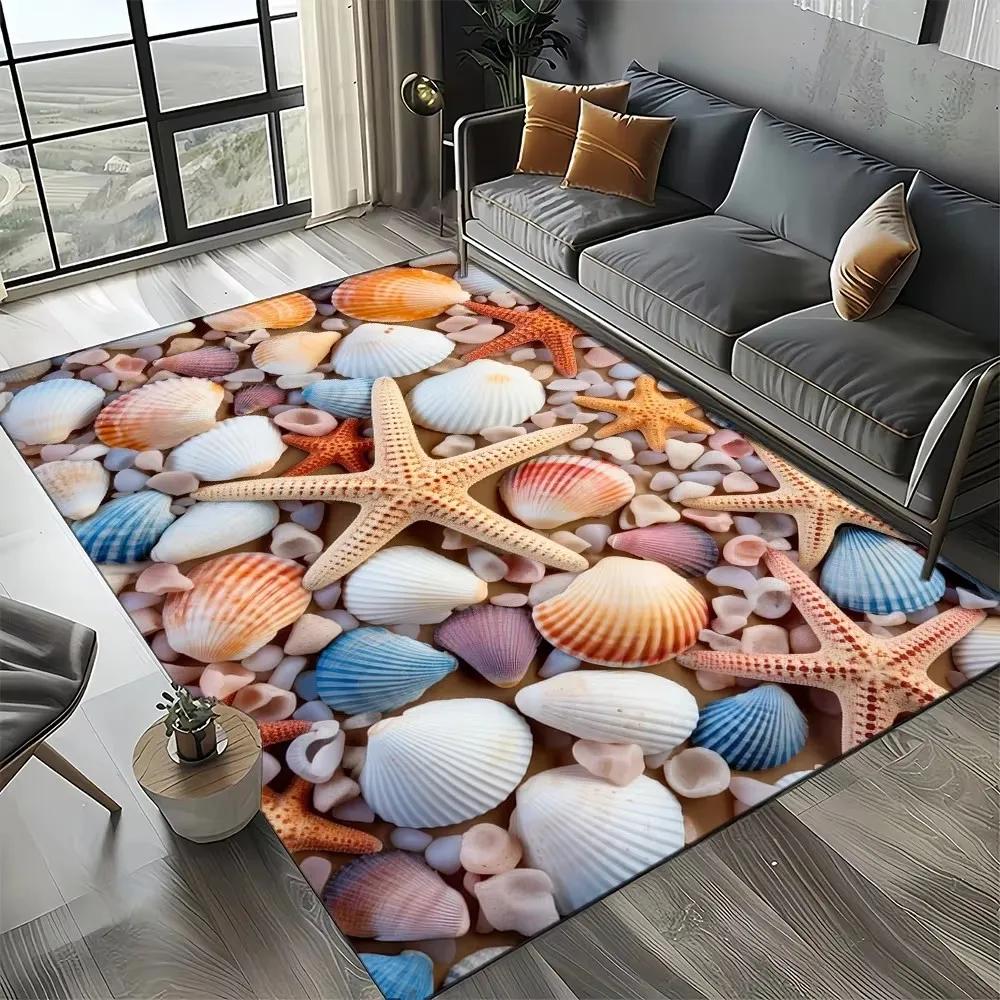 Starfish Beach Shell Sand Pattern Area Rug Coastal Ocean Carpet for Living Room Bedroom Kids Play Room Non-Slip Floor Mat