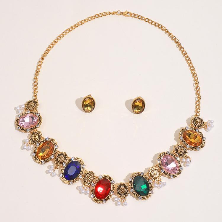 

Модные овальные серьги, винтажные драгоценные камни и горный хрусталь, кулон, ожерелье, серьги-гвоздики, комплект женских украшений