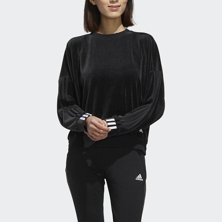 adidas Women's Black Velvet Crew Neck Loose Casual Sports Sweatshirt FI9254