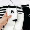 5 Pairs of Women's Casual Sports R-shaped Mid-calf Socks, Striped Cotton Socks, Breathable and Sweat-absorbing Black and White Trendy Socks