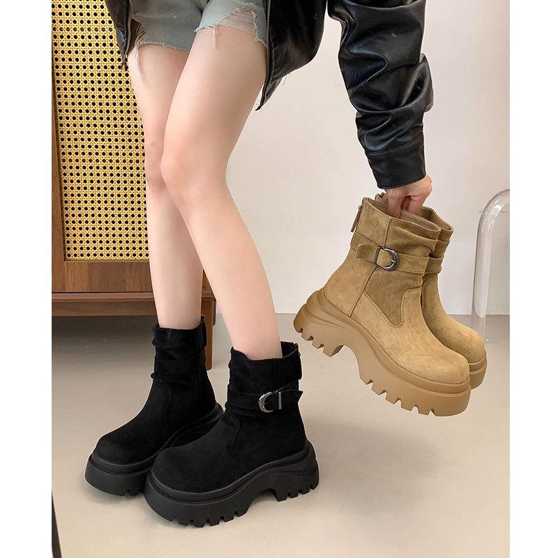 Leather thick-soled heightening boots women's 2025 autumn new versatile and thin short boots British wind locomotive Martin boots