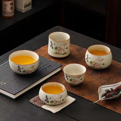 Cute Rabbit Good Luck Teacup Beige Ru Kiln Master Cup Kung Fu Tea Set Tea Cup Personal Tea Bowl Ceramic Tea Cup