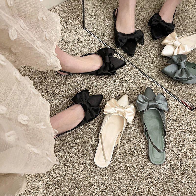 Bow Sandals Women Summer Pointed Low Heel Sandals Women Fashion Baotou Thin Strap Sandals High Heels Sandalias