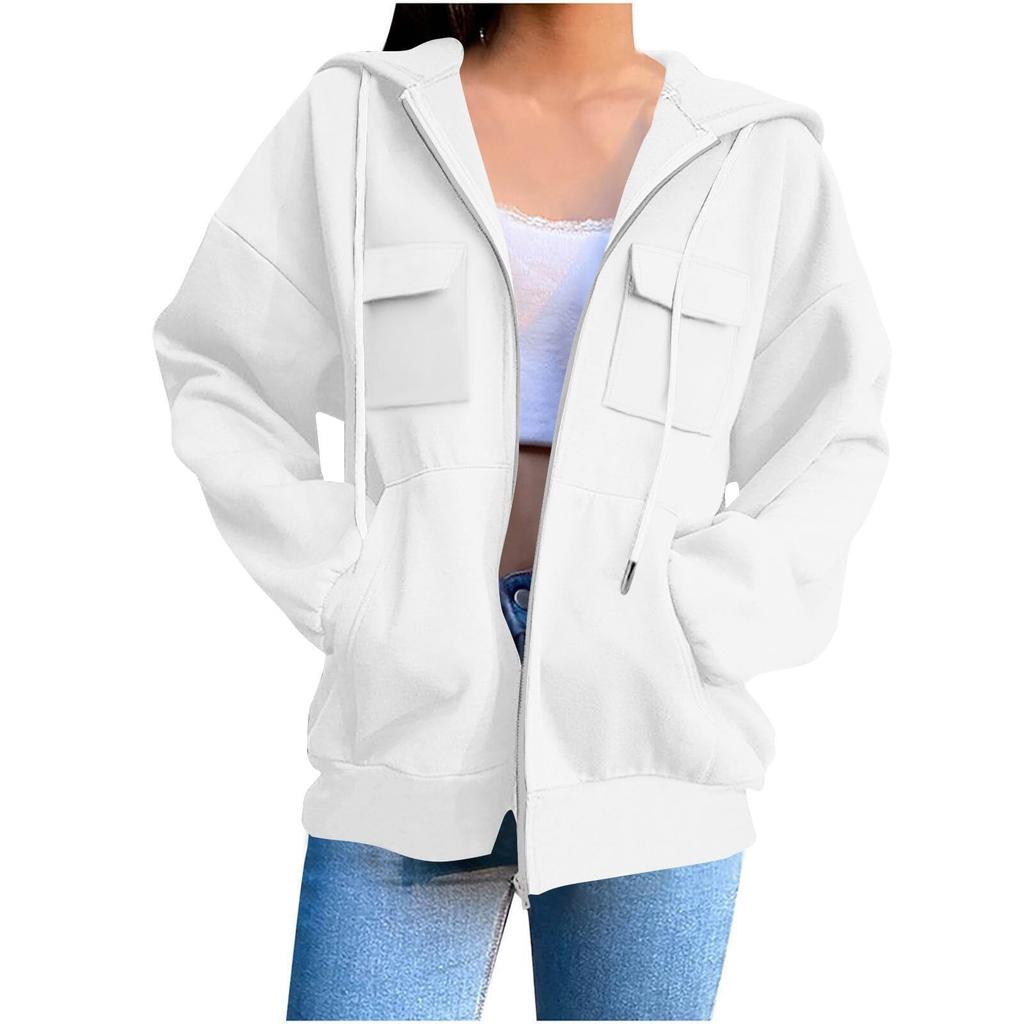 Women's Plain Zip-Up Hoodie - Oversized Long Sleeve Hooded Sweatshirt for Street Casual Wear