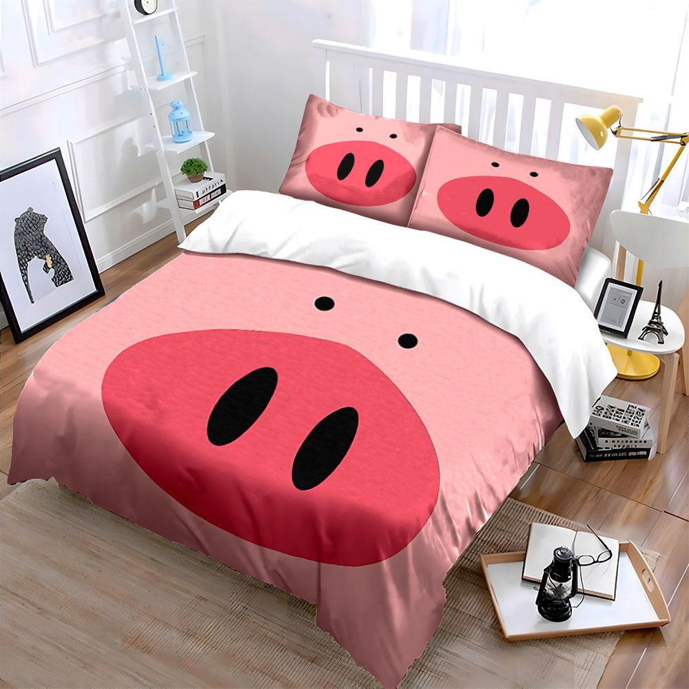 Cute Pink Pig Face Design Bedding Duvet Cover Set Duvet Cover Pillowcases  (1*Duvet Cover 2*Pillowcases, Without Duvet Insert)