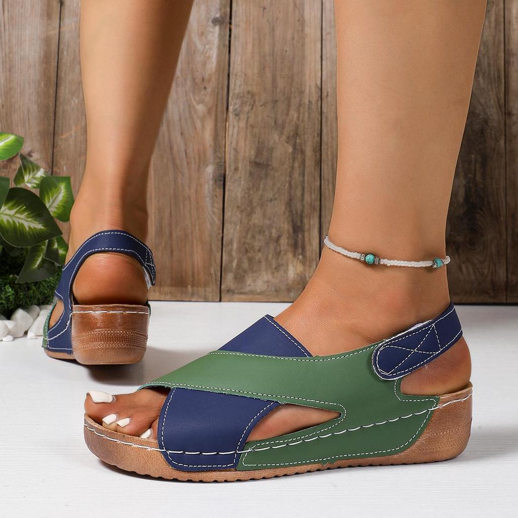 Sandali da donna con zeppa a contrasto e tacco alto, scarpe casual a punta aperta con suola spessa, comodi sandali con cinturino alla caviglia