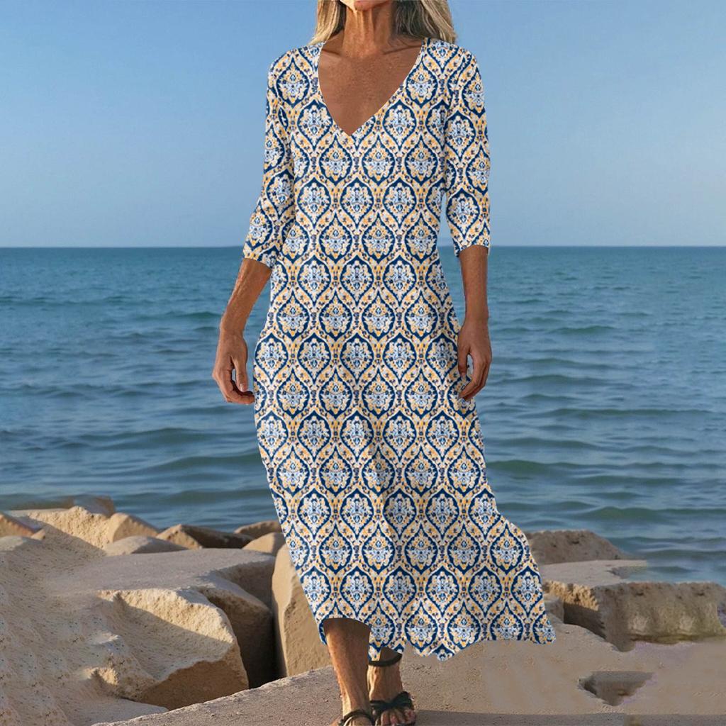 Kleider für Damen Vintage Print Tunika Tailliertes Midi-Kleid Sommer Casual 3/4 Ärmel Kleid