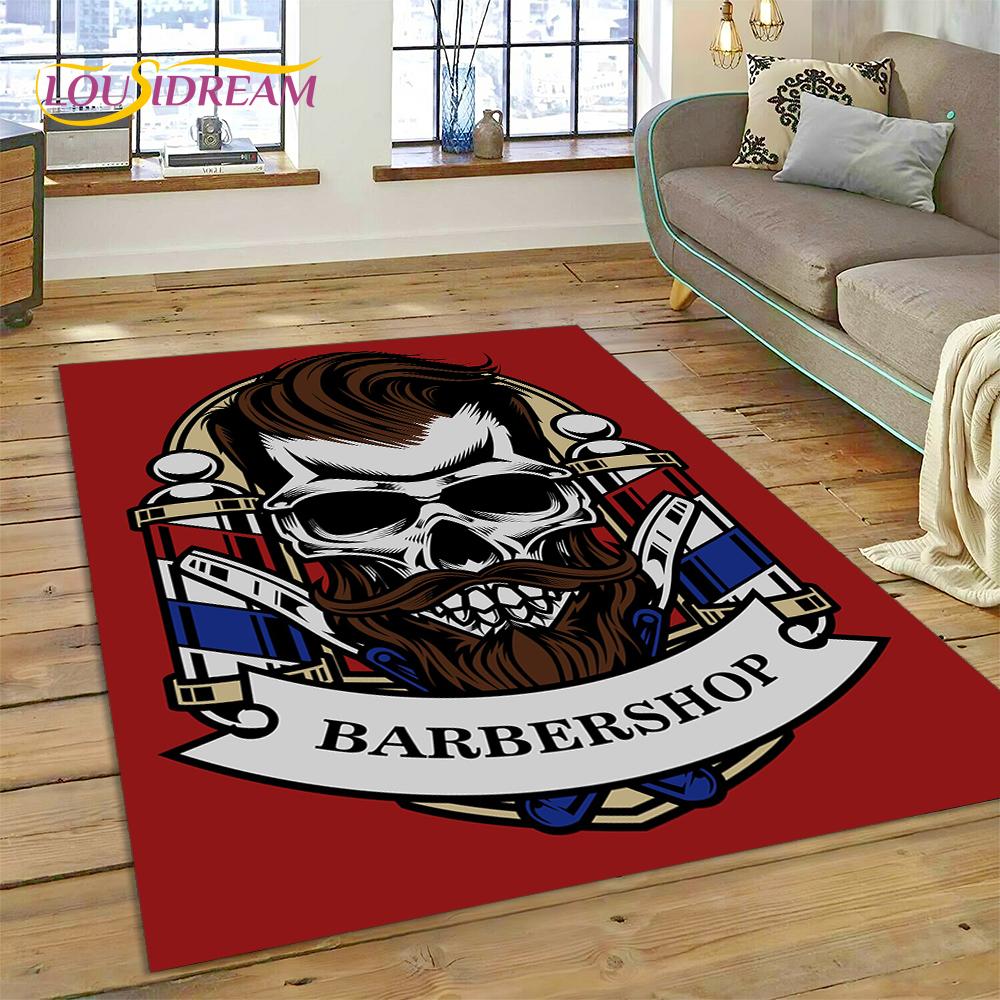 Fashion Barber Shop Logo Skull Vintage Rug Carpet for Living Room Bedroom Decor,Floor Mat Non-slip Decoration for Sofa Doormat