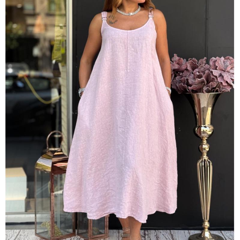 

Summer Spaghetti Strap Cotton Linen Dress: Sleeveless, Round Neck, with Pockets - New Arrivals in Women s Simple Style L
