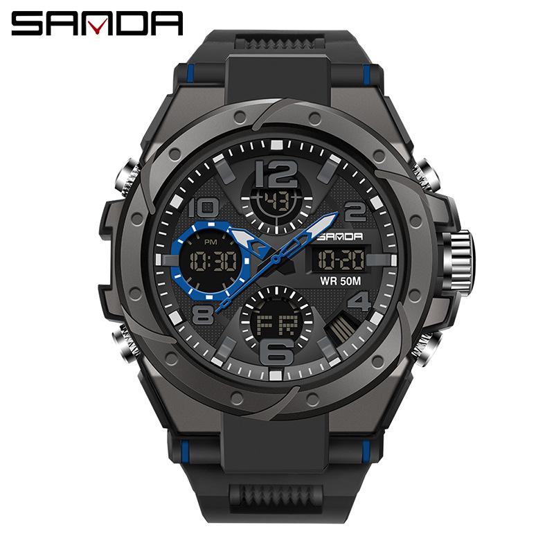 Sanda Trendy Waterproof Sports Watch - Minimalist Design with Dual Display for Students