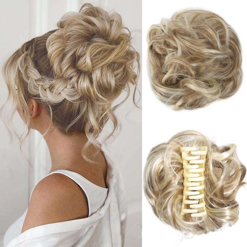 Synthetic Chignon Messy Hair Bun Claw Clip In Hair Piece Wavy Curly Bun Ponytail Scrunchie Hairpieces for Women