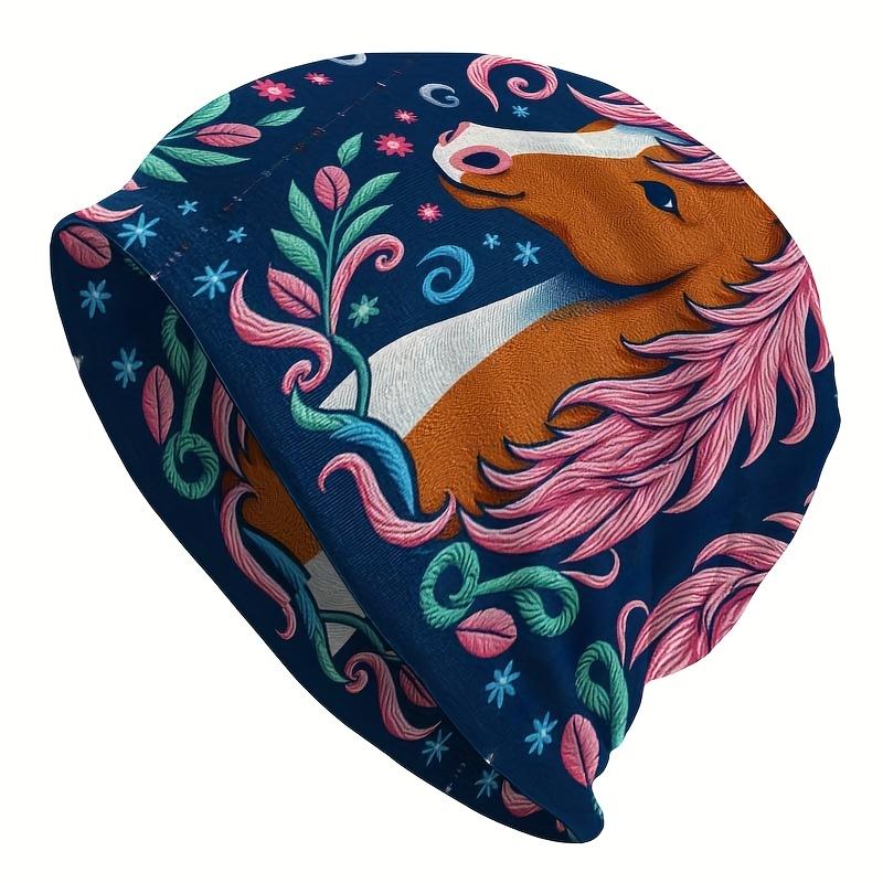 A Casual Outdoor Style Animal-Themed Knitted Hat - Featuring a Lively Pink-Maned Brown Horse Cartoon Design, Made from Durable Knitted Fabric, Comfort