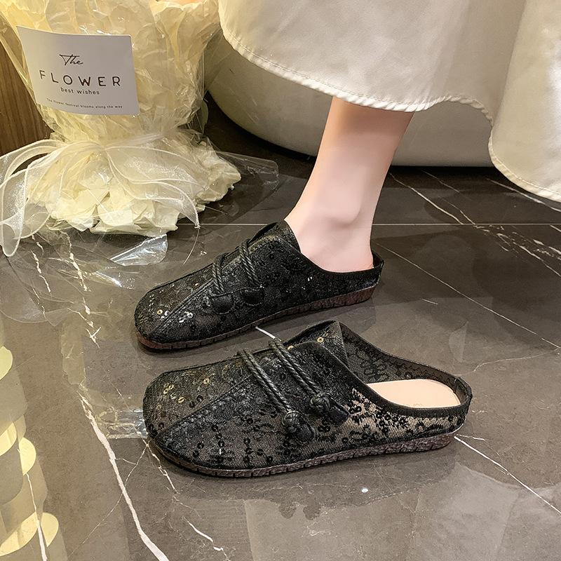 2025 Women's Autumn New Retro Ethnic Style Comfortable Doudou Shoes Mesh Soft Sole Casual One-pedal Comfortable Flat Shoes