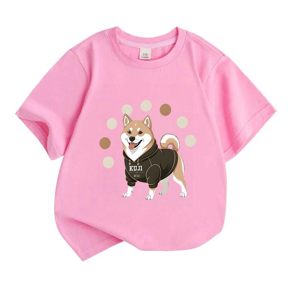 Kids Boys Girls Crew Neck Short Sleeve 100% Cotton T-Shirt, Cute Smiling Shiba Inu Dog in Hoodie Graphic Casual Soft Breathable Tee Top for Children D