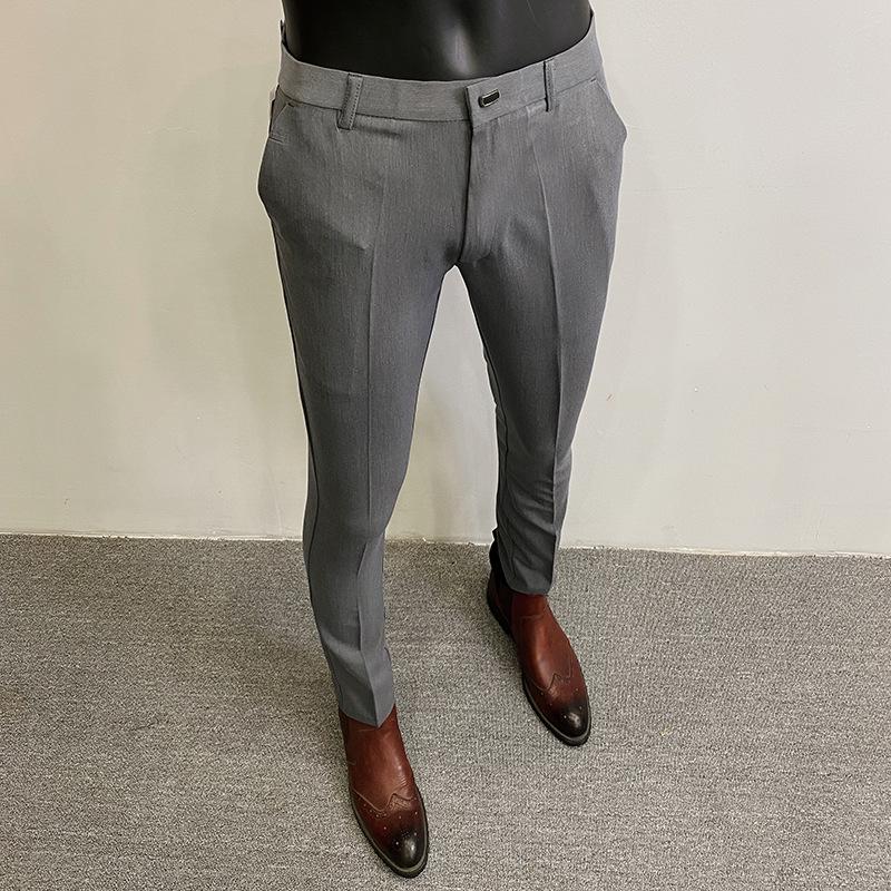 Men's Slim Fit Elastic Straight Leg Korean Style Cropped Business Casual Pants
