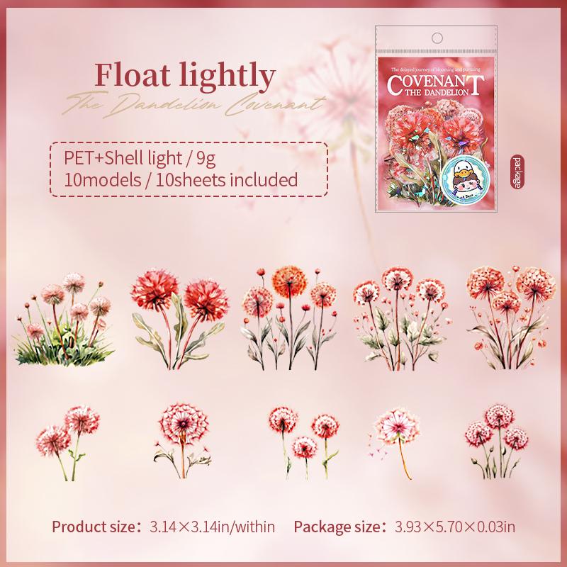10sheets/bag Iridescent Dandelion Stickers for Scrapbook DIY Art Journal Phone Case Planner Notebook Decoration Gift