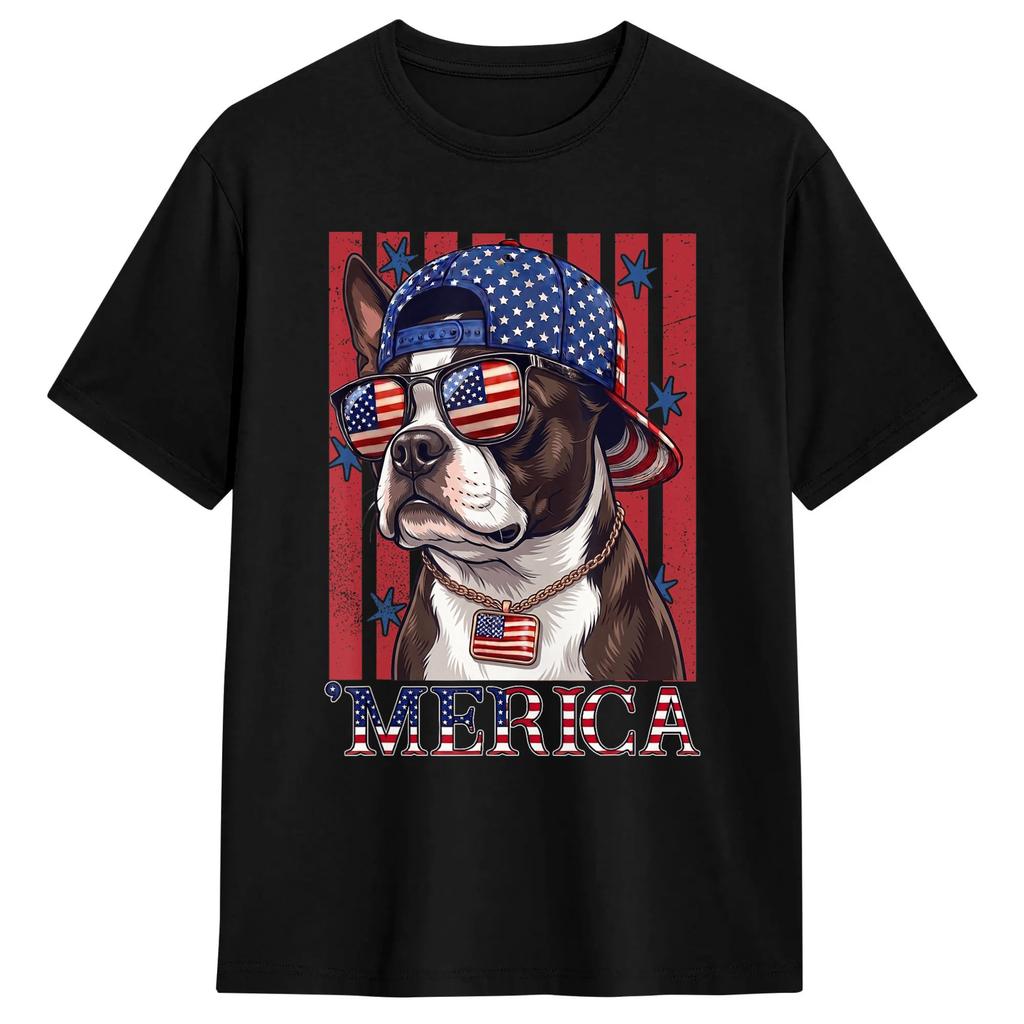 Boston Terrier 4th Of July Patriotic Dog Tshirt Trending T Shirts Shortsleeved Streetwear Tshirt 100 Cotton Oversize Tees
