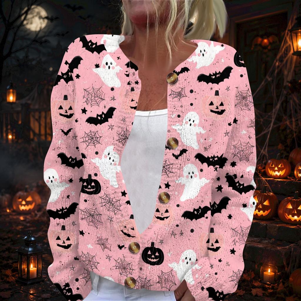 Women's Long Sleeve Knit Cardigan with Halloween Print Button Front Sweater for Fall Party Outfits