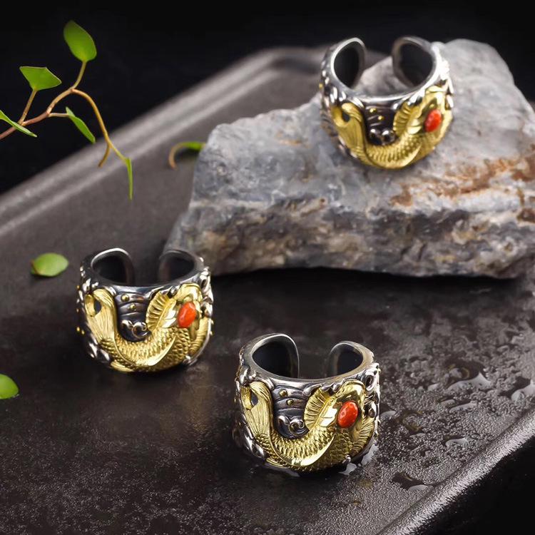 Men's Koi Adjustable S925 Silver Thumb Ring - Handmade Retro Ethnic Style Jewelry