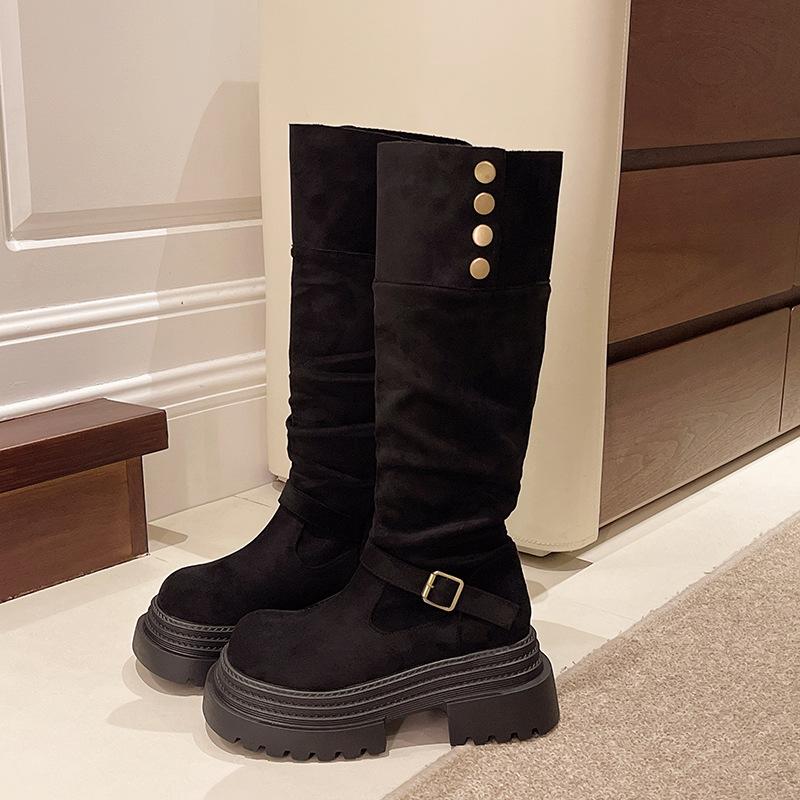 

Ретро британский стиль ботинки на толстом каблуке и толстой подошве для женщин 2025 осень универсальные из замши и тонкие два способа ношения ботфорты на высоком каблуке 40 чёрный