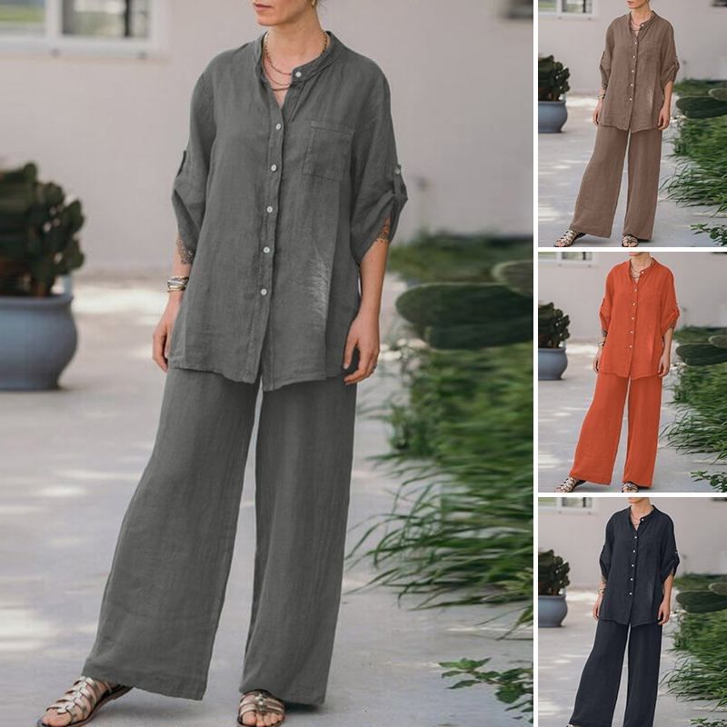 Womens Piece Set Vintage Plus Size Cotton Linen Shirt Set L