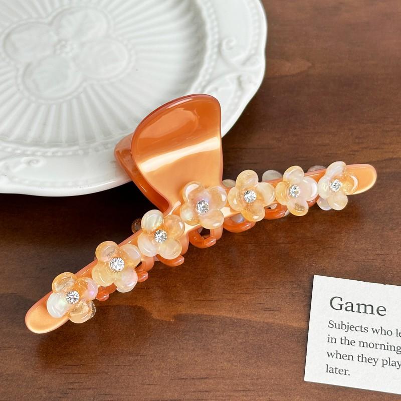 Acetate Hair Claw Clip With Rhinestone Flower Decor Extra Large 12.2cm Womens Updo Styling Fashionable Elegant Orange - 12.2cm