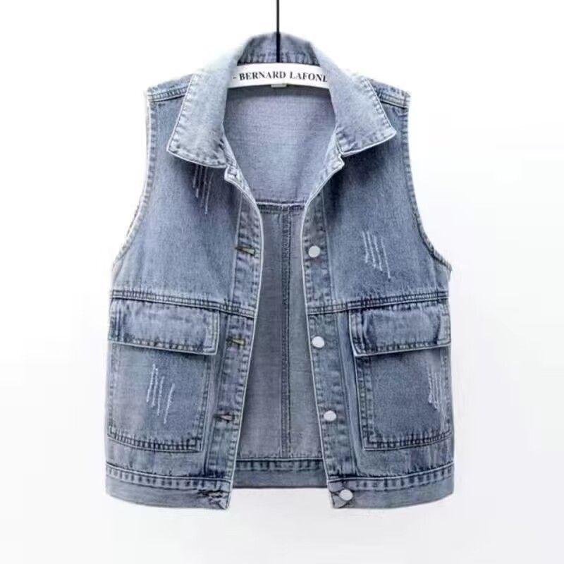 Women's Simple Casual White Denim Sleeveless Vest Jacket for Spring/Summer