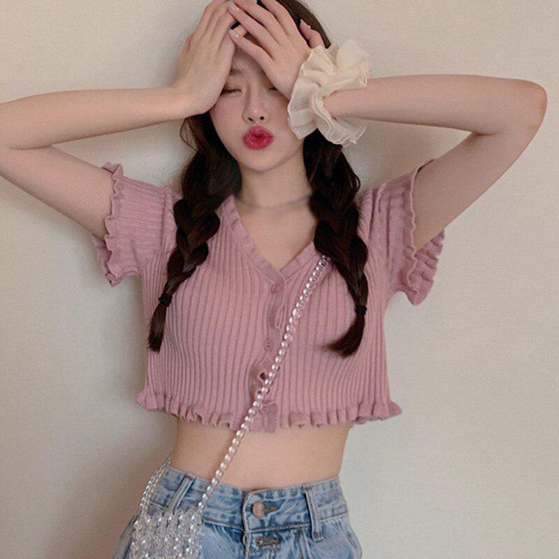 Women's Fashion V-neck Button Ruffled Short Section Exposed Navel Knitted Short Sleeved Cardigan One Size 6 Colors