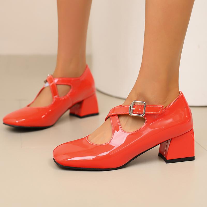 Women Mary Jane Pumps Patent Leather Lolita Shoes Med Heels Chunky Style 2025 Cross Strap Decor Comfort Square Toe Footwear