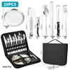Stainless Steel Camping Cutlery Set: Knife, Fork, Spoon, Plate, Cup with Cloth Bag for Outdoor Use