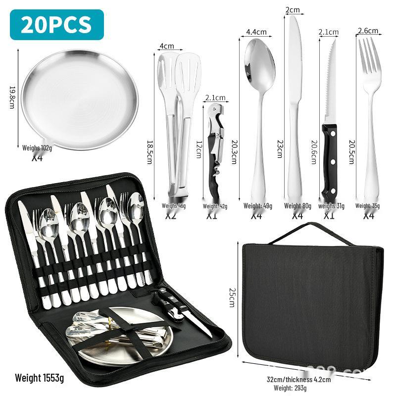 Stainless Steel Camping Cutlery Set: Knife, Fork, Spoon, Plate, Cup with Cloth Bag for Outdoor Use