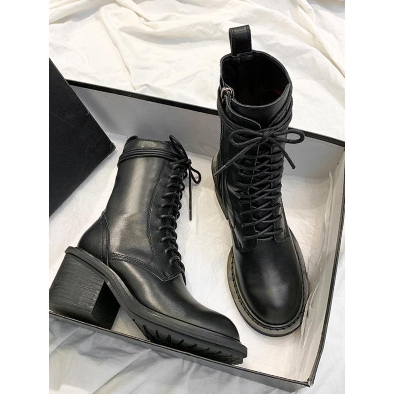 Cowhide Version~ Ann Martin Boots Women's 2025 Autumn and Winter New Versatile British Style Leather Locomotive Boots High-heeled Short Boots Women