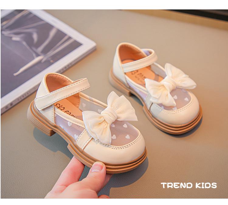 Girls' 2025 Spring/Summer Leather Bow Princess Shoes - Breathable Mesh Fashion Sneakers