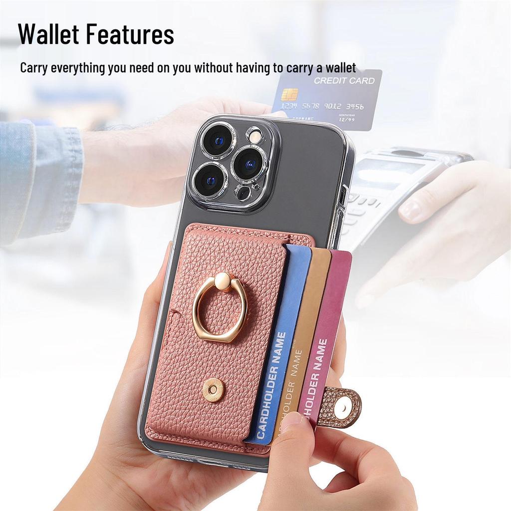 Litchi Grain Oil-Edge Ring Phone Case with Card Holder, Stand, Coin Purse & Color Block Gift Sticker