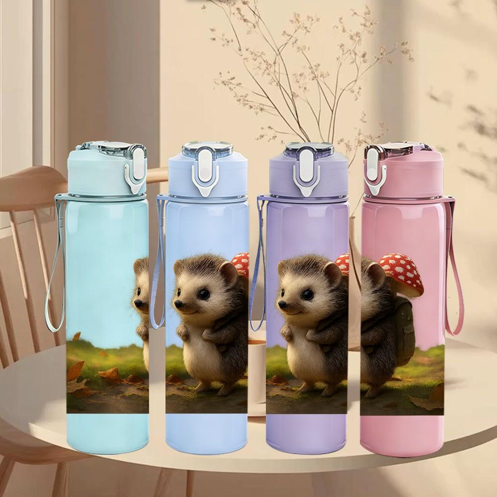 1PC Hedgehog Grass Field Animal Print 750ml Color Plastic Sports Water Bottle Leakproof Flip Straw Lid Suitable for Sports Office Home Use