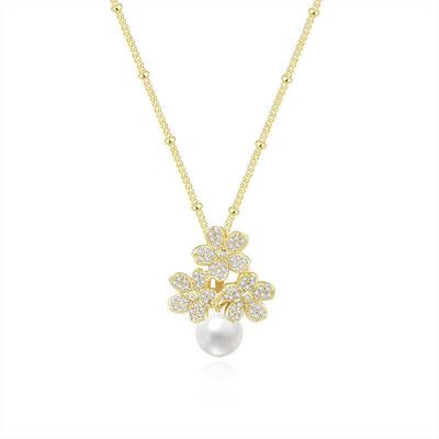 Fashionable Shijia Pearl Necklace with Diamond Flower, Real 24K Gold Plated, Color Retention Clavicle Chain