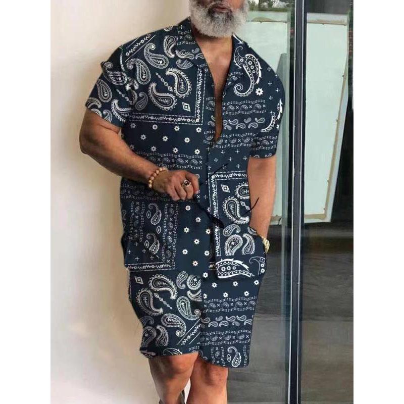 Herren Freizeitshirt mit Palmenblattdruck Hawaiianische Herren Outdoor-Badeshorts Sommer Alltags-Herren Kurzarmhemd und Shorts Set