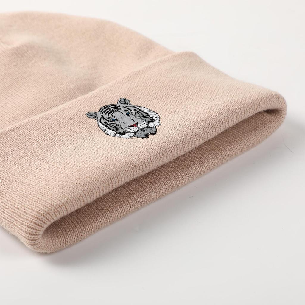 White Tiger Print Knit Cap Beanie, Animal Man Cap Autumn Fit Solid Gorro Knit Hat Beanie