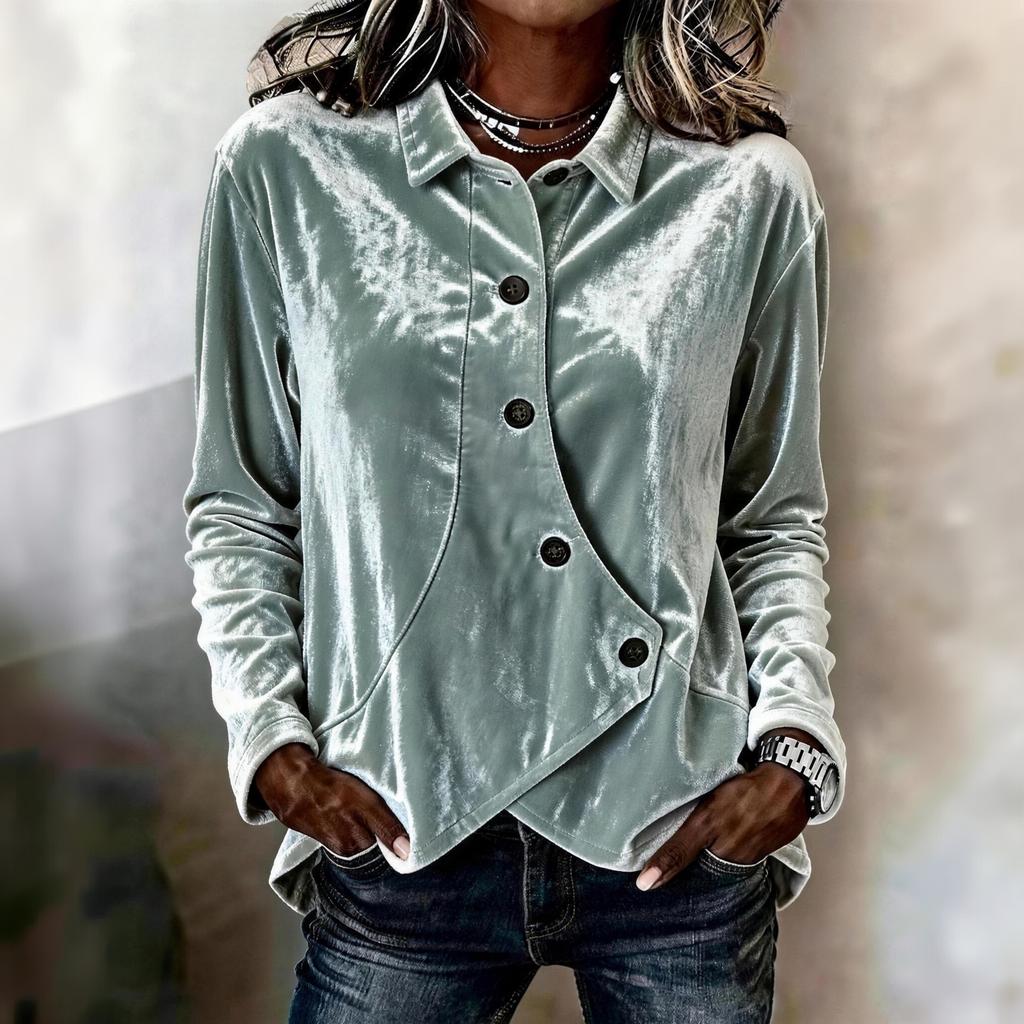 Women's Vintage Velvet Blouse with Lapel Collar and Irregular Buttons Casual Fashion Top
