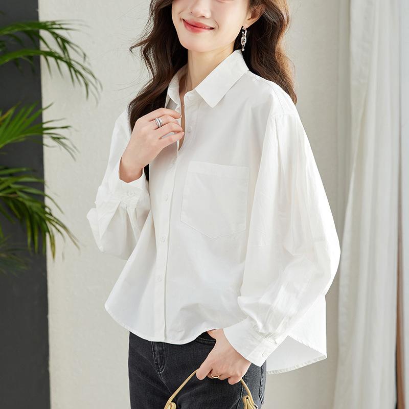 

Новая рубашка из чистого хлопка для женского темперамента, шикарная рубашка с рукавами-фонариками для женщин, лацкан, приталенный силуэт XXL белый