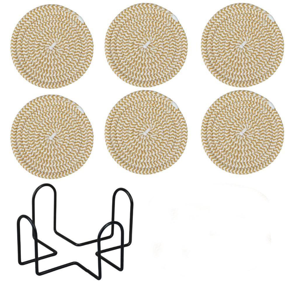 6Pcs Heat-resistant Woven Round  Coaster Set with Holder Tableware Mat Cup Coaster  Household
