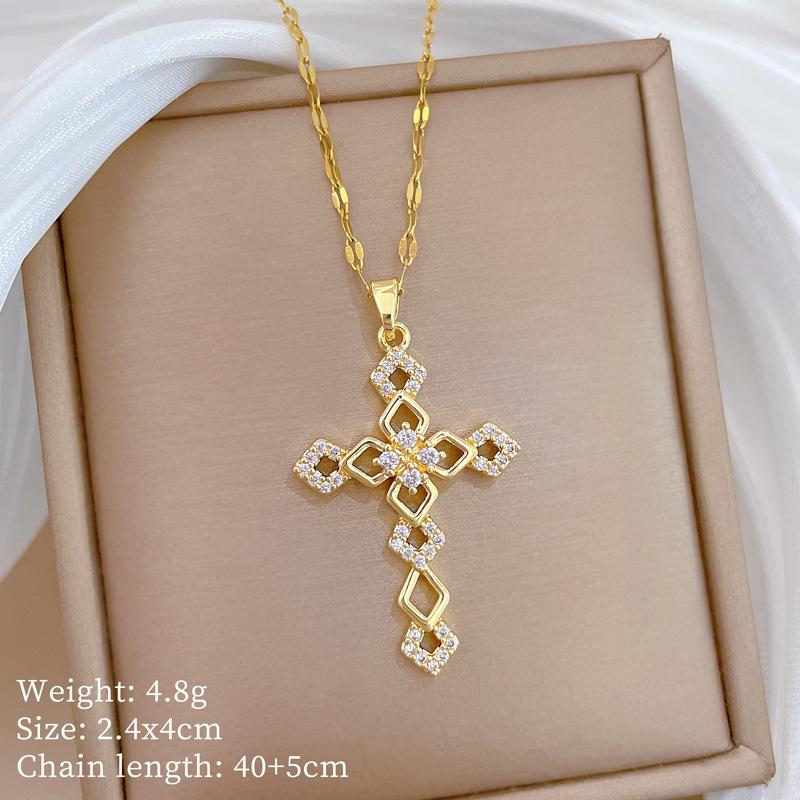 Titanium Steel, Cross Zircon Light Luxury Temperament Gorgeous Full Diamond Necklace Female Versatile Collarbone Chain Titanium Steel