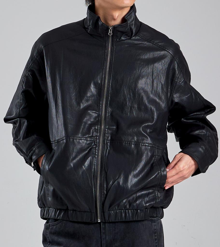 Button Seoul Minimal Vegan Leather Stand Collar Zip-Up Jacket (Black)