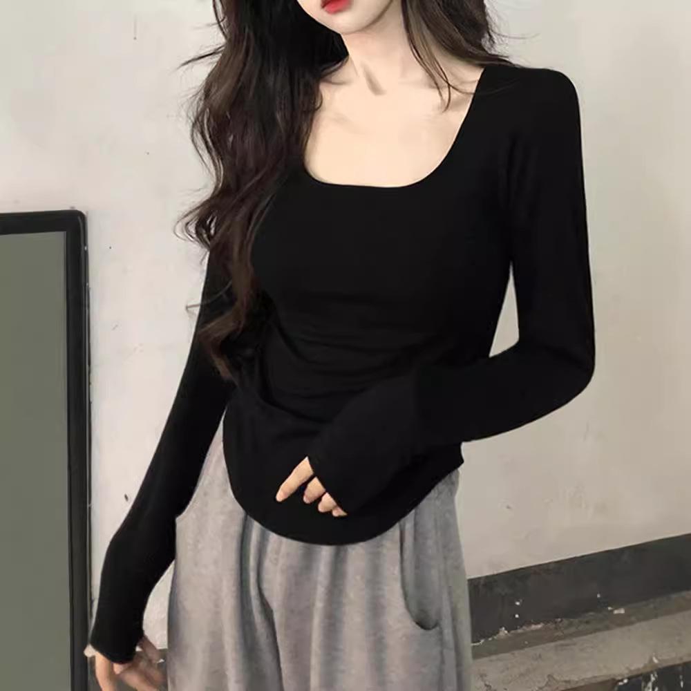 GMXIA Long Sleeve T-shirt Women Spring and Autumn Small White Retro Base Shirt Fitted with A Foreign Square Collar on The Clothes