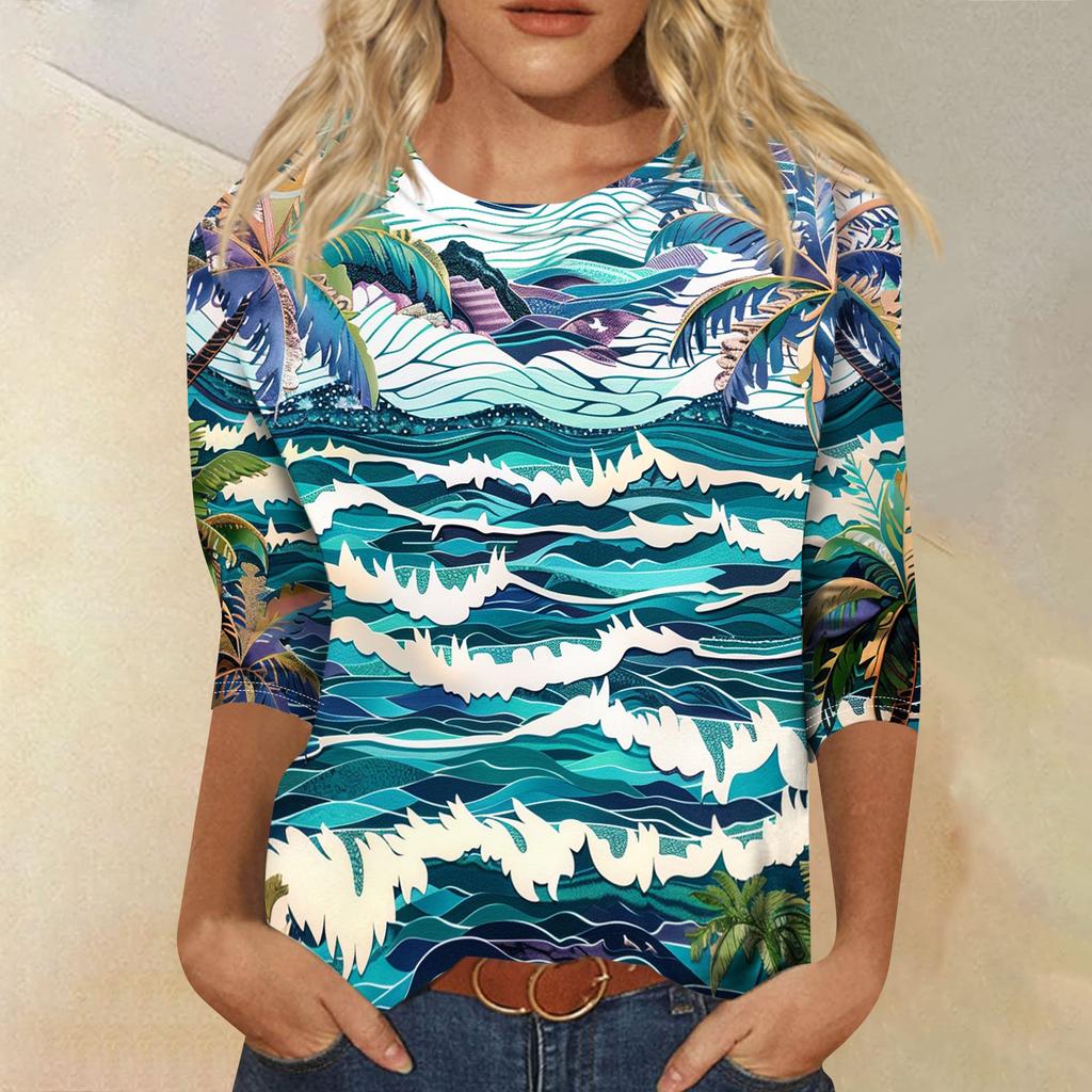 Módní vintage top s 3/4 rukávem pro ženy, dámská ležérní halenka s tříčtvrtečním rukávem a kulatým výstřihem s potiskem