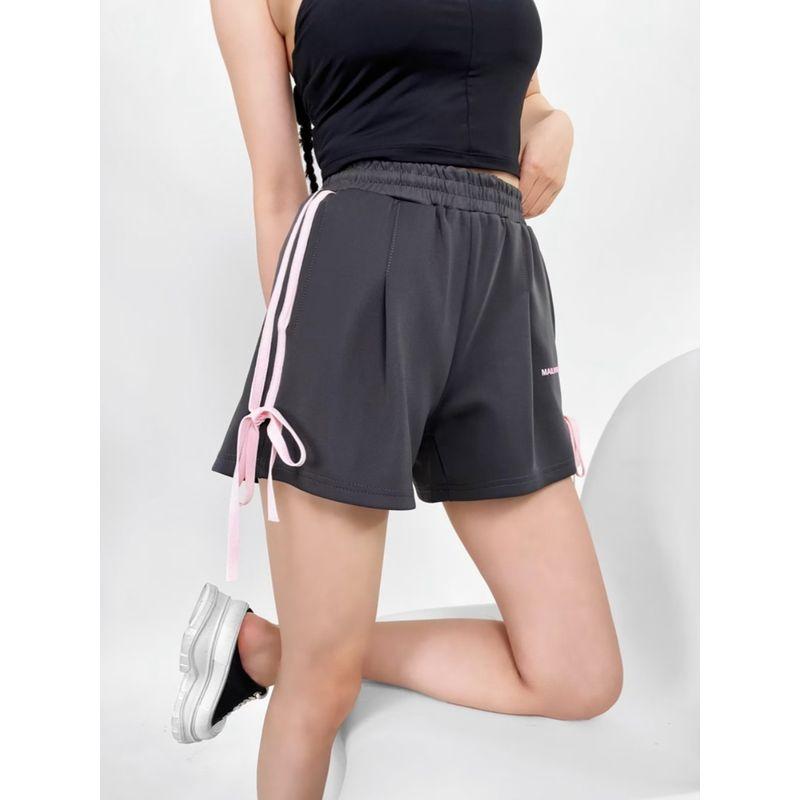 Za2024 Summer New Product Women's Clothes Fashion Wind Elastic Waist High Waist Side Double Bars Shoelace Bows Shorts