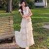 Summer women's milk sweet atmosphere ruffle V-neck puffy cake dress